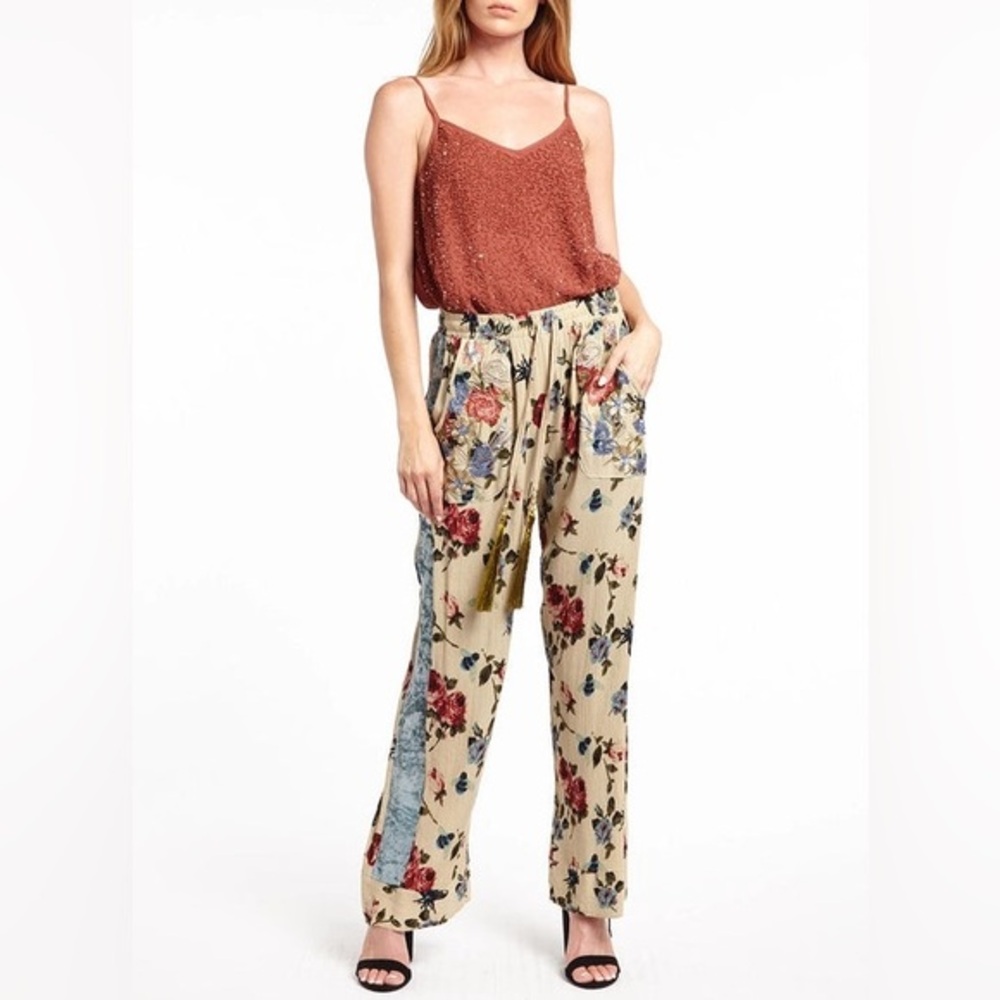 Aratta Silent Journey Rose Floral Display Pants in Ivory Beige Size Large